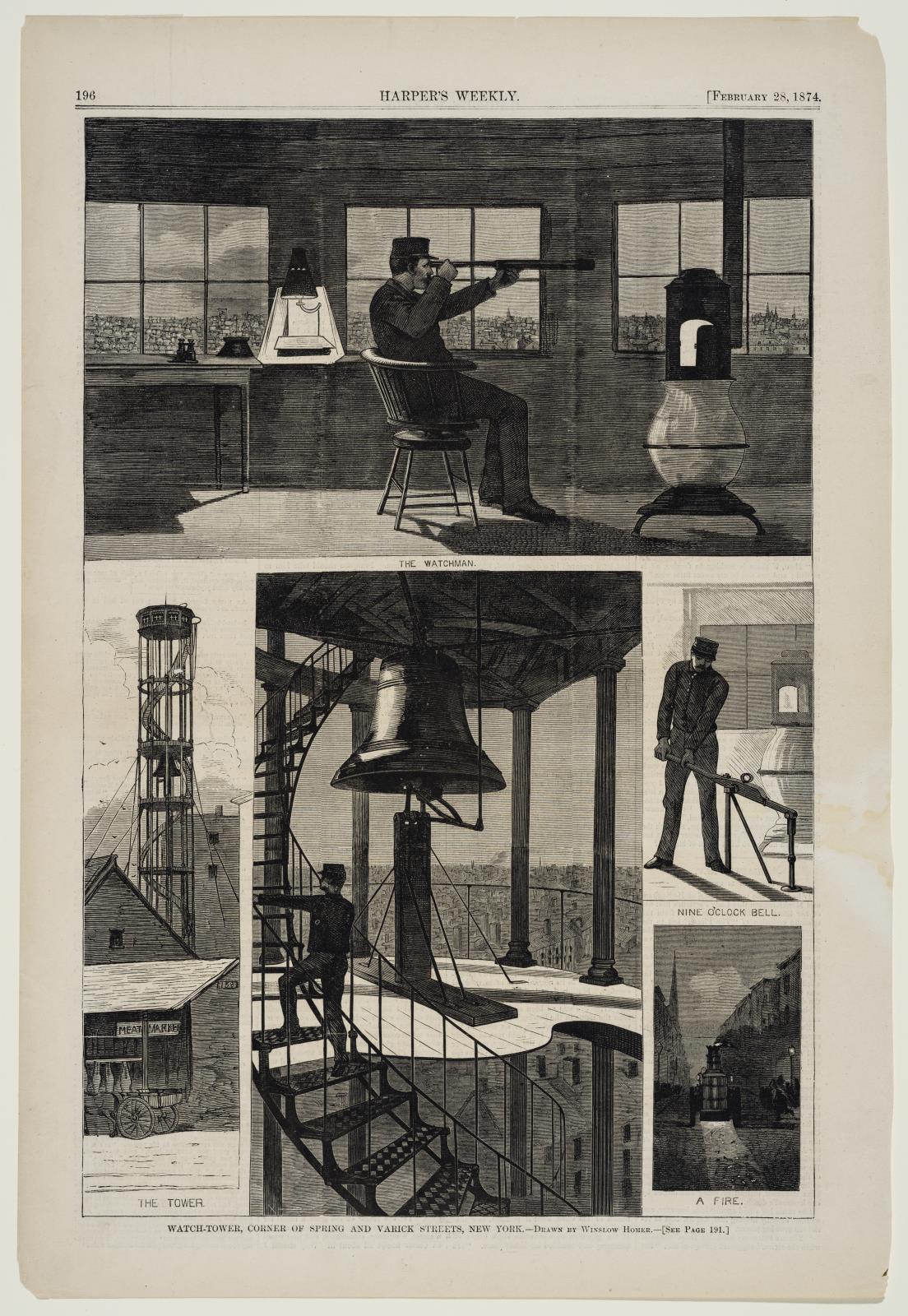 Watch-Tower, Corner Of Spring And Varick Streets, New York (For Harper's Weekly, February 28, 1874, p. 196)